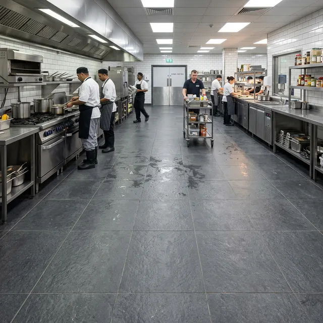 Large scale commercial kitchen with durable porcelain floor tiles