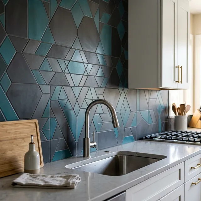 Custom dark geometric tile kitchen backsplash
