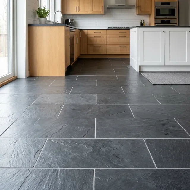 Staggered slate tile kitchen floor