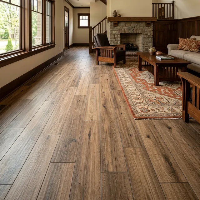 Wood-look porcelain living room tile